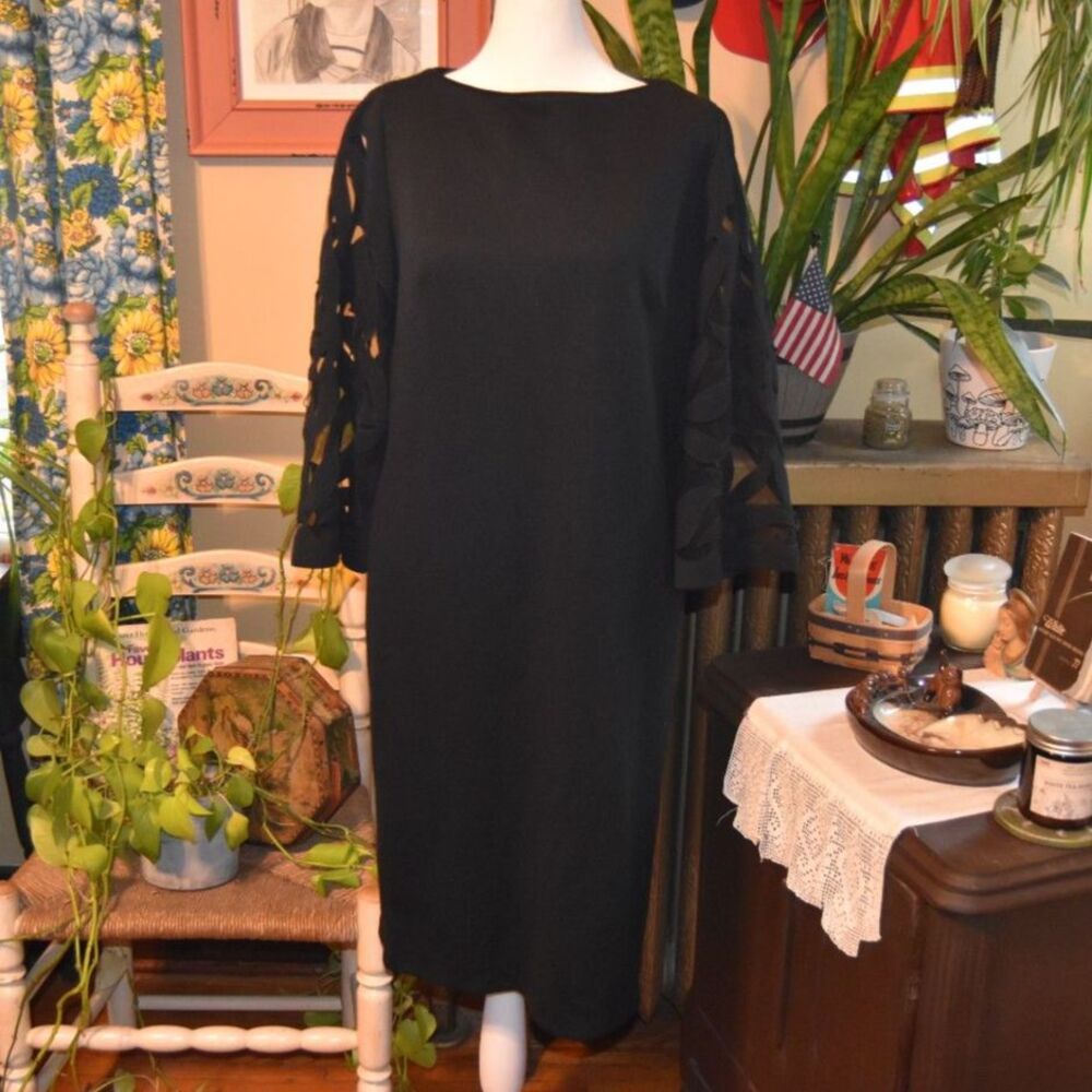 Vintage 1960s Abella' Paris Knit Black Gothic Style Dress Cutout Sleeves Medium